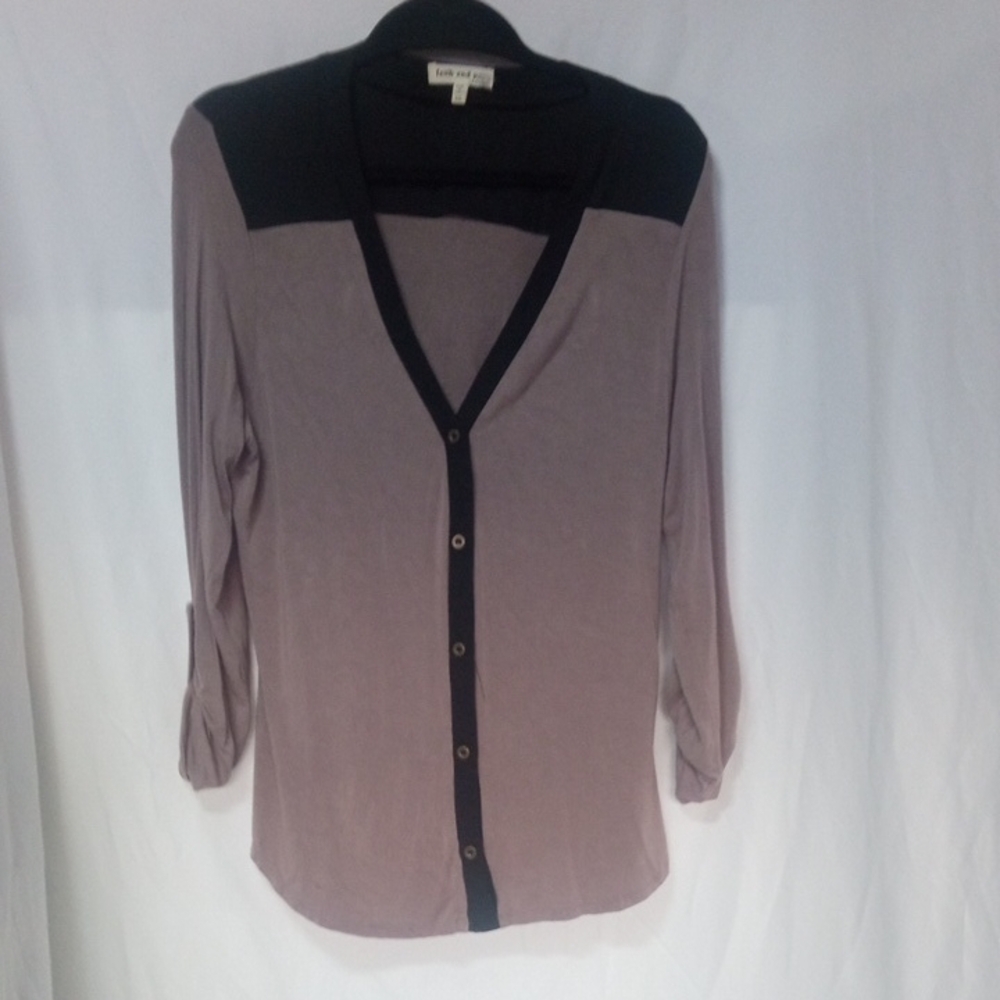 Zara Black and Gray 3/4”Sleeve Button-Down Shirt Top, Size Large